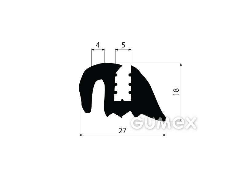 Profil für Fahrzeugfenster ohne Zwickel, 18x27/5/4mm, 60°ShA, EPDM, -40°C/+100°C, schwarz, 
